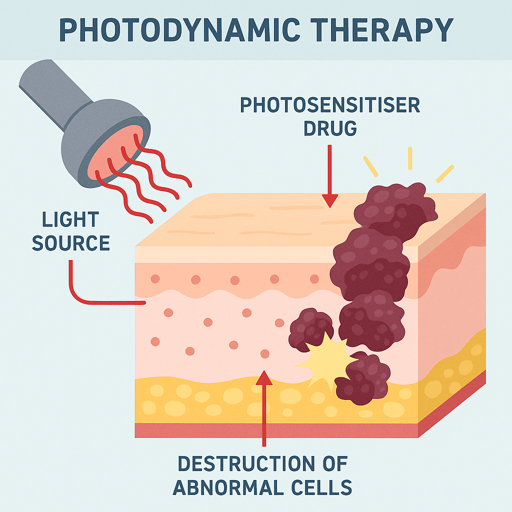 Discover how light and photosensitisers work together in PDT to target and destroy skin cancer cells with precision and minimal damage to healthy tissue.